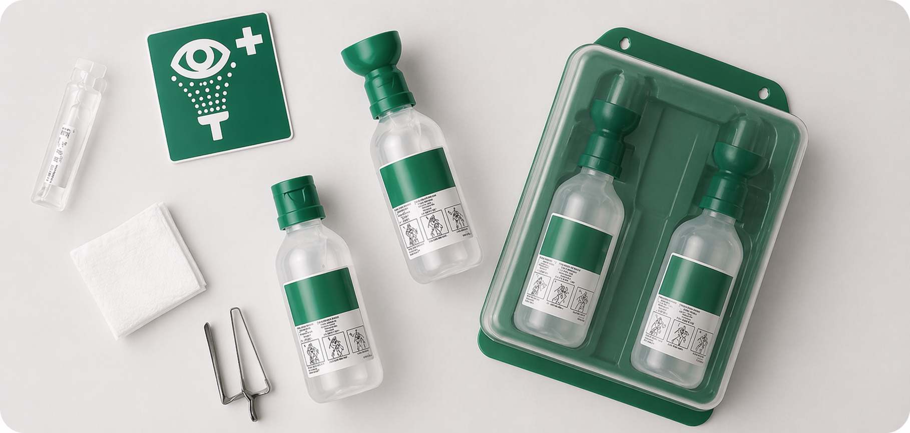 Darstellung von Augenspülflaschen und einer Wandhalterung